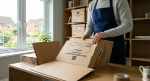 A person assembling a flat-pack archive box, showing the easy-to-fold British design.