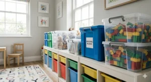 Brightly coloured plastic storage boxes filled with children's building blocks in a playroom.