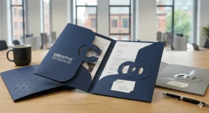 Creative die-cut presentation folders with unique interlocking motifs and silver foil branding, designed for UK marketing and design agency portfolios