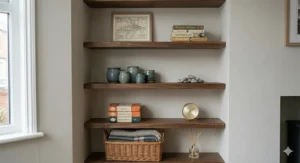 Dark walnut finish floating shelves mounted in an alcove, styled with a vintage map of London and assorted decorative items.