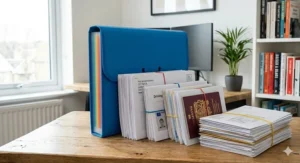A blue expanding file organiser standing neatly on a wooden desk next to a stack of letters and a UK driving licence.