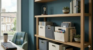 Close-up of a high-quality grey canvas storage box showing the reinforced handle and stitching.