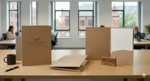 Eco-friendly presentation folders made from recycled FSC-certified kraft card with blind embossed branding, ideal for sustainable British businesses.