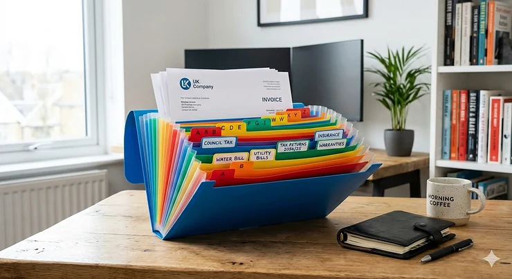 A multi-coloured expanding file organiser standing on a wooden desk, showing 24 pockets filled with A4 documents including a UK Council Tax bill. expanding file organiser