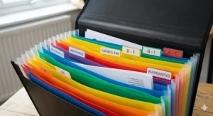 Top-down view of an expanding file organiser showing colourful indexed tabs for categorising Council Tax, insurance, and warranties.