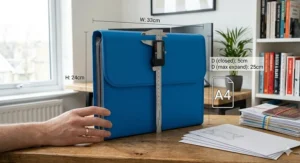 Dimensions guide for an A4 expanding file organiser showing a width of 33cm and a maximum expansion depth of 25cm.