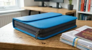 Close-up of a blue expanding file organiser with a secure zip-around closure to keep loose A4 papers and receipts safe.