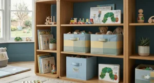 Linen-style fabric storage boxes used for organising folded clothes on bedroom wardrobe shelves.