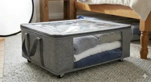 Alt text for image 5: A grey fabric under bed storage bag with a transparent viewing window, showing neatly folded jumpers and winter blankets organised in a shallow space-saving design.