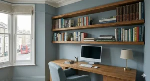 Long, heavy duty floating bookshelves in a home office, designed to support large hardback collections.
