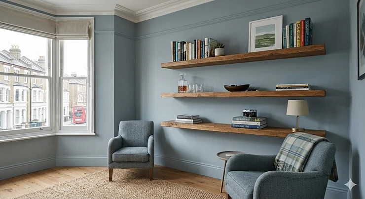 Solid oak floating shelves UK heavy duty style, wall-mounted in a modern British living room with high weight capacity. floating shelves UK heavy duty