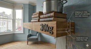 Diagram showing a heavy duty floating shelf supporting 30kg of weight, ideal for books and kitchenware.