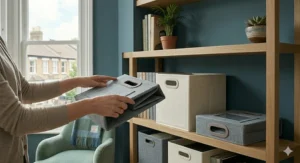 A collapsible fabric storage box being folded flat to demonstrate space-saving storage when not in use.