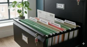 An open metal filing cabinet drawer neatly organised with green foolscap suspension files and labels for VAT returns, personnel records, and GDPR compliance.