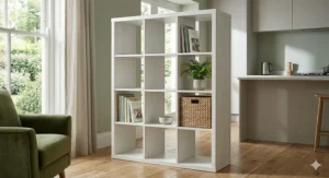 A freestanding white 9 cube unit used as a stylish room divider between an open-plan kitchen and a dining area.