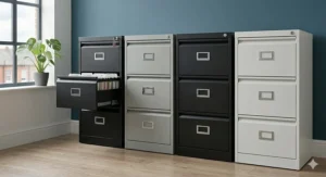 A row of four 4-drawer metal filing cabinets shown in various UK office colours including goose grey, black, and white.