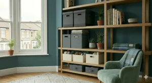 Three dark grey fabric storage bins fitting perfectly into a white wooden shelving unit.