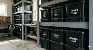 Durable black plastic storage boxes stacked in a garage containing DIY tools and equipment.