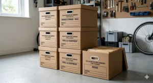 Durable heavy-duty cardboard archive boxes stacked in a dry UK garage storage unit.