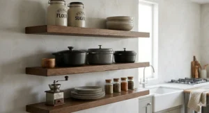 Robust floating kitchen shelves holding ceramic jars and cookware in a contemporary British kitchen.