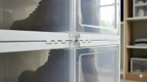 Close-up of the interlocking ridges on heavy-duty stackable shoe containers for stable, tall towers.