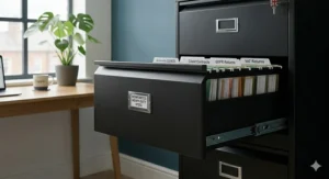 A detailed view of the reinforced heavy-duty steel construction and silver ball-bearing runners on an open 4-drawer metal office cabinet.