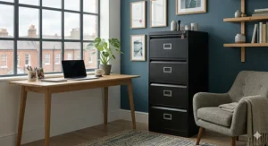 A modern UK home office interior featuring a sleek black 4-drawer metal filing cabinet positioned next to an oak desk and a comfortable armchair.