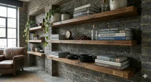 Industrial style heavy duty floating shelves made from thick scaffold boards, suitable for British urban interiors.