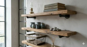 Reclaimed wood floating shelves supported by black industrial piping brackets on a neutral plastered wall with vintage styling.