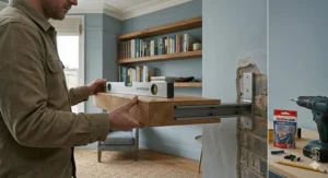 Illustration of the installation process for heavy duty shelves onto a UK standard breeze block or brick wall.