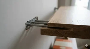 A technical close-up showing the hidden internal metal bracket system being inserted into a solid timber floating shelf for a seamless wall mount.