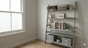 A photorealistic ladder bookcase styled with folded woollen blankets and books, ideal for storage in small rooms.