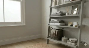 A versatile ladder shelf used for bathroom storage with folded waffle towels and a woven wicker laundry basket.