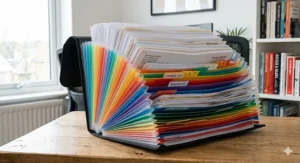 Side view showing the concertina expansion of a document holder designed to store a large volume of A4 paperwork on a home office desk.