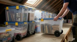 Large clear plastic storage containers with wheels being moved into a loft space for seasonal home organisation.