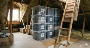Large lidded plastic storage tubs placed on loft boarding near a wooden loft ladder.