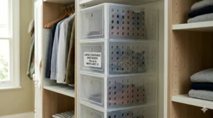 Extra-large stackable shoe boxes housing a pair of men's size 12 Chelsea boots.