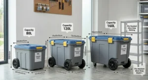 Illustration showing the capacity in litres and dimensions of large wheeled storage containers for UK standard shelving.