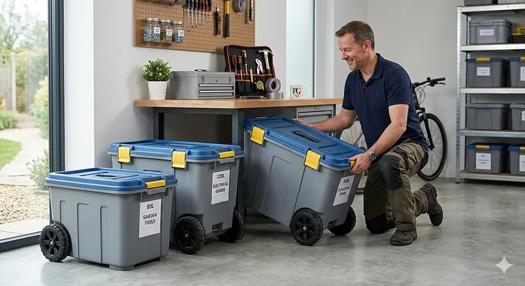 A set of large storage containers with wheels and secure lids organised in a clean, modern British garage. large storage containers with wheels