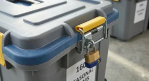 Large storage containers with wheels featuring secure clip-lock lids and padlock holes for added security.