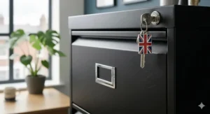 Close-up of a central locking mechanism on a black metal filing cabinet with a set of keys and a Union Jack keyring to highlight office security.