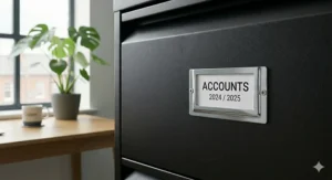 Close-up of a polished chrome label holder on a black metal drawer front containing a card labelled Accounts 2024 / 2025 in British English.