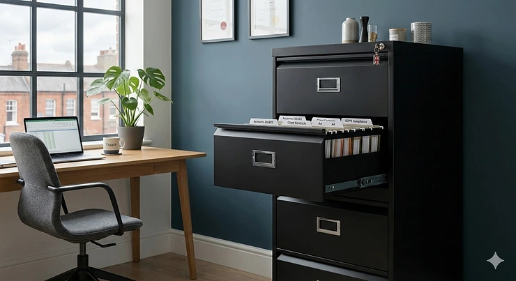 A professional black 4-drawer metal filing cabinet in a modern UK office, with an open drawer showing labelled files and a view of red-brick buildings through a window. metal filing cabinet 4 drawer