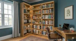 A modern modular tall shelving unit system configured as a corner library in a contemporary UK home office.