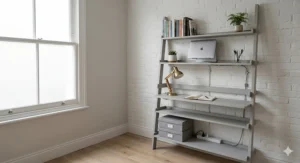 A narrow grey ladder shelf used as a space-saving home office desk for a laptop in a modern British flat.