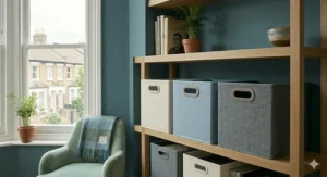Neutral-toned fabric boxes used to organise towels and bed linen inside a British airing cupboard.