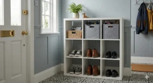 A 9 cube storage unit in a Victorian hallway used as a practical organiser for shoes, boots, and outdoor accessories.
