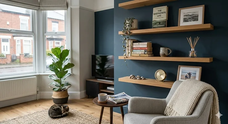 A set of solid oak floating shelves mounted on a dark blue feature wall, styled with books, a clock, and a diffuser in a naturally lit British living room. floating shelves for living room