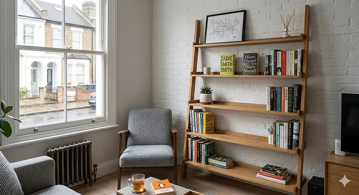 A leaning oak ladder bookcase styled with books and plants in a compact UK living room with a white sash window. ladder bookcase for small rooms