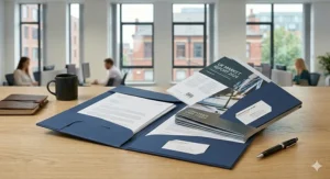 An open presentation folder showcasing organised document flow with neatly arranged UK market reports, corporate case studies, and business cards.